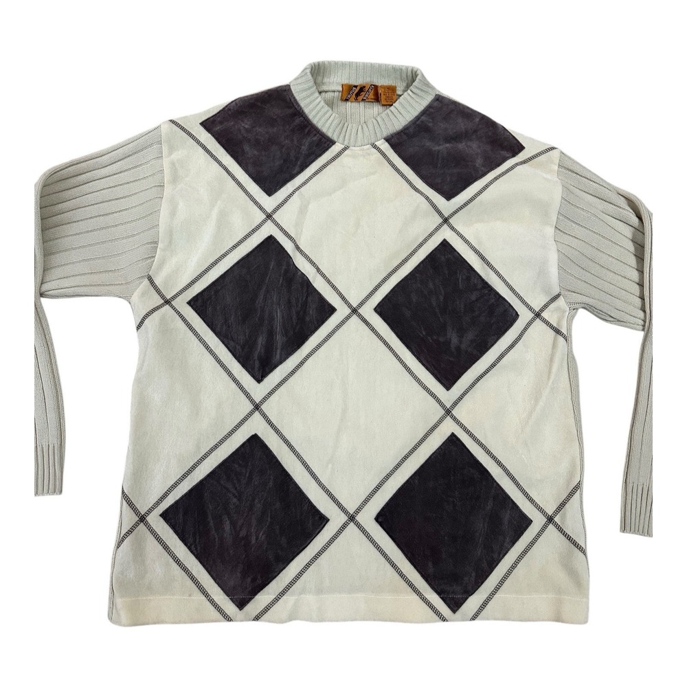 Vintage Trutus Biancarra Sweater Mens XL Knit 90s Diamonds Beige Brown Retro - Picture 2 of 8
